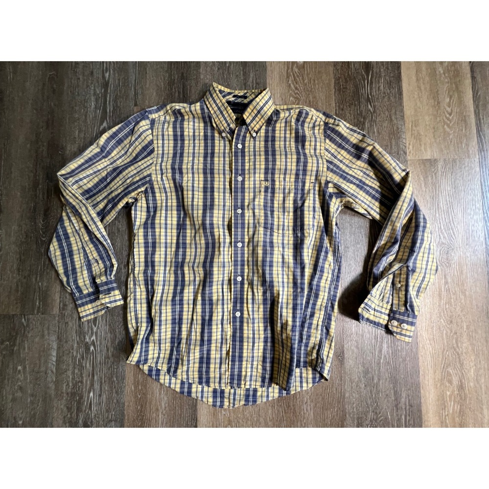 IZOD Button Down Shirt Mens Size M Yellow Navy Blue Plaid Easy Care‎ Long Sleeve